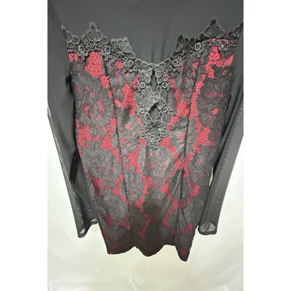 Chocolate Black Embroidered On Red Mesh Neckline & Arms Vampire Gothic - Picture 8 of 11